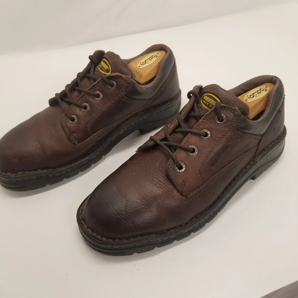 Wolverine Mens Size 9.5 Brown Leather Oxford Padded Heel Ortholite Dura Shocks